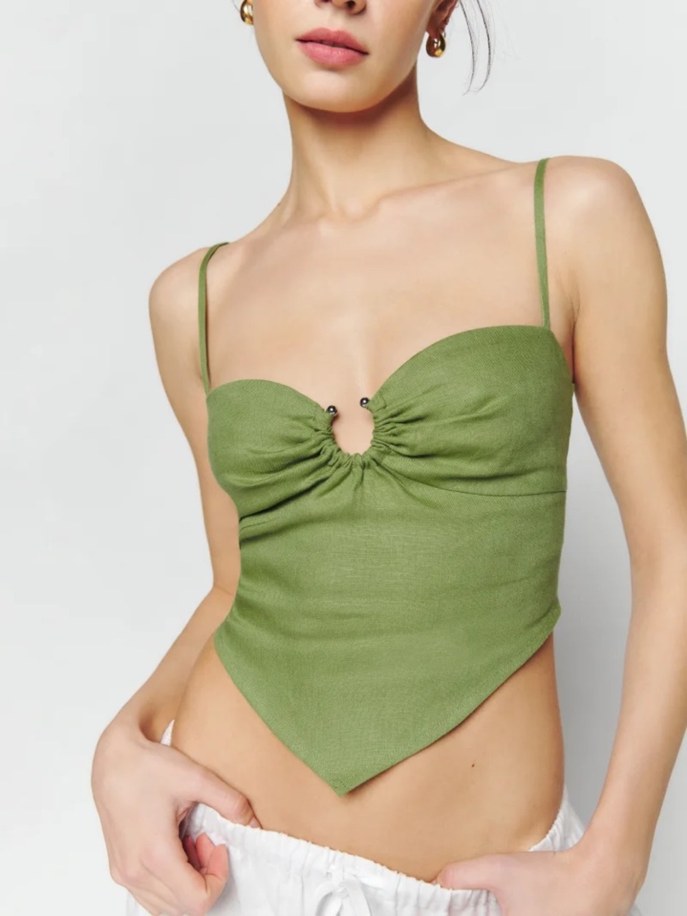 Reformation Linen Sansa Top in Green/Olive Size 10